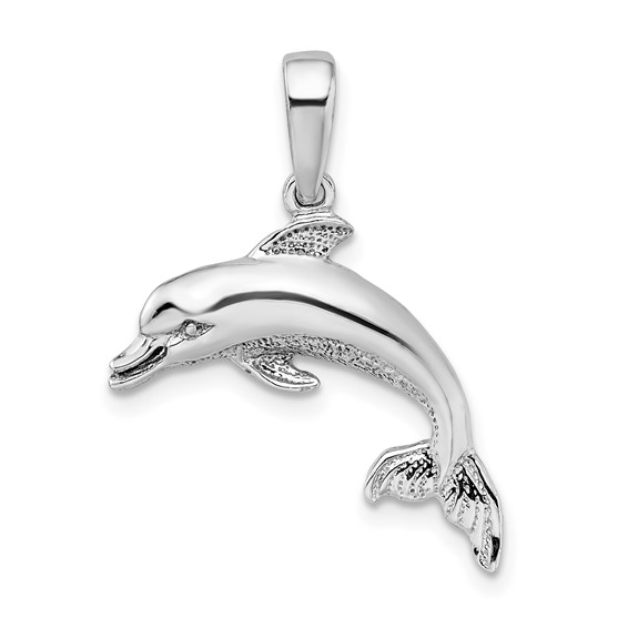 Sterling Silver 3/4in 2-D Textured Jumping Dolphin Pendant