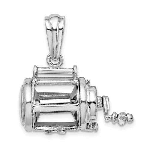 Sterling Silver 3-D and Moveable Fishing Reel Pendant 1in