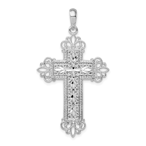 Sterling Silver Ornamented Fleur de lis Cross Pendant 1 1/2in