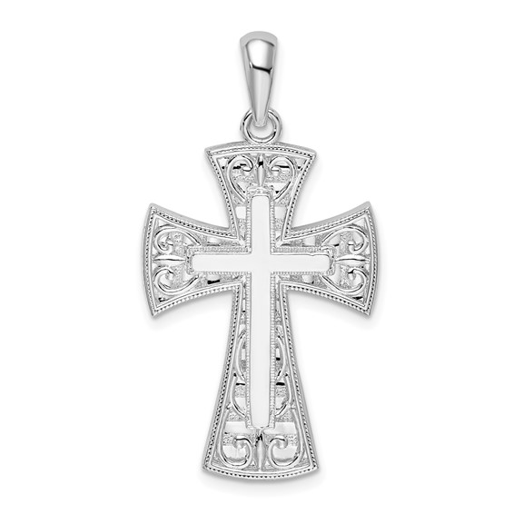 Sterling Silver Fancy Filigree Cross Pendant with Stick Center 1in QC10195