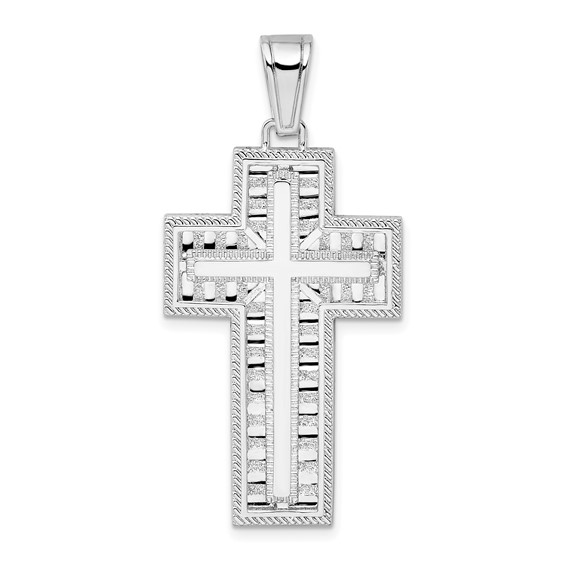 Sterling Silver Beaded Block Cross Pendant with Stick Center 1 1/4in