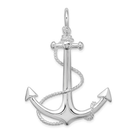 Sterling Silver Anchor Pendant with Rope and Shackle Bail 1 1/2in