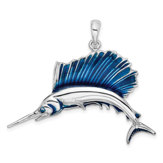 Sterling Silver Sailfish Pendant Blue Enamel 1in
