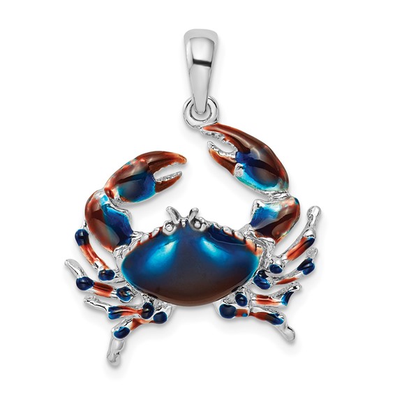 Sterling Silver 7/8in Blue Crab Pendant with Enamel