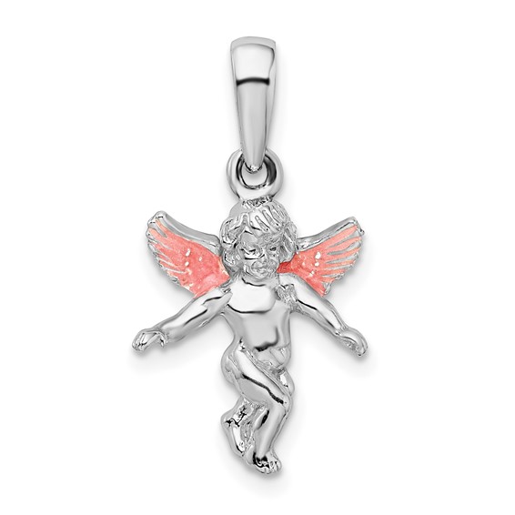 Sterling Silver 1/2in Angel Pendant with Pink Enamel Wings