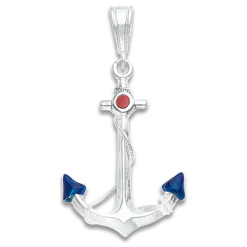 Sterling Silver Anchor Pendant with Blue Enamel Tips 1 5/8in