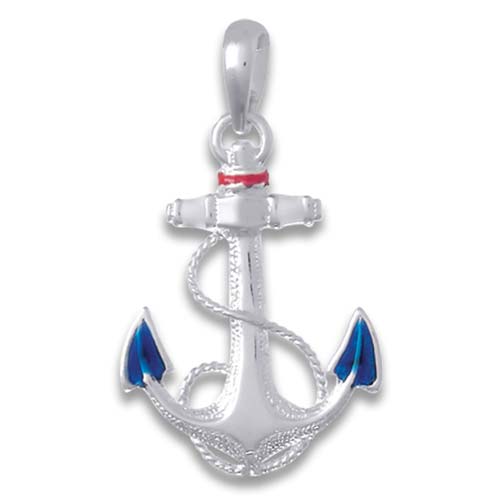Sterling Silver Anchor Pendant with Blue Enamel 1in