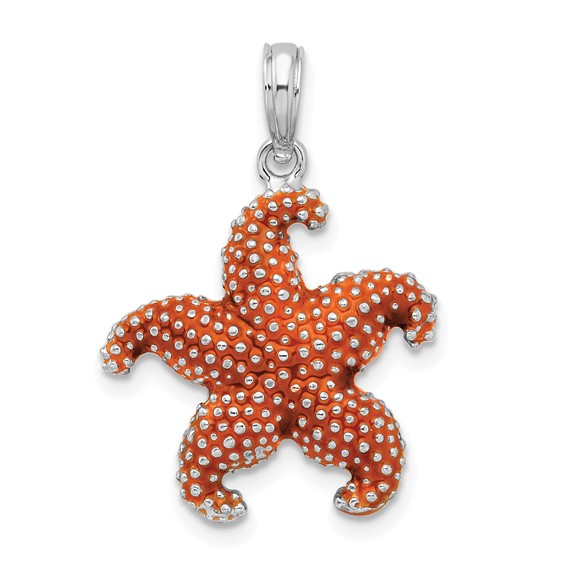 Sterling Silver 3/4in Puffed Starfish Pendant with Orange Enamel