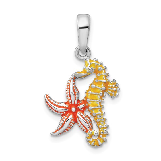 Sterling Silver 5/8in Starfish and Seahorse Pendant with Enamel