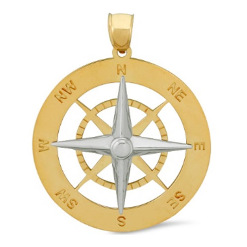 14k Two-tone Gold Nautical Compass Pendant 1 1/4in