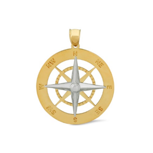 14k Two-tone Gold Nautical Compass Pendant 7/8in