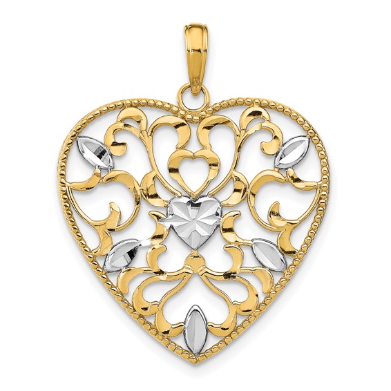 14k Yellow Gold Filigree Heart Pendant with White Leaves