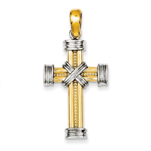 14k Two-tone 1in Beaded Cross Pendant with Triple End Caps