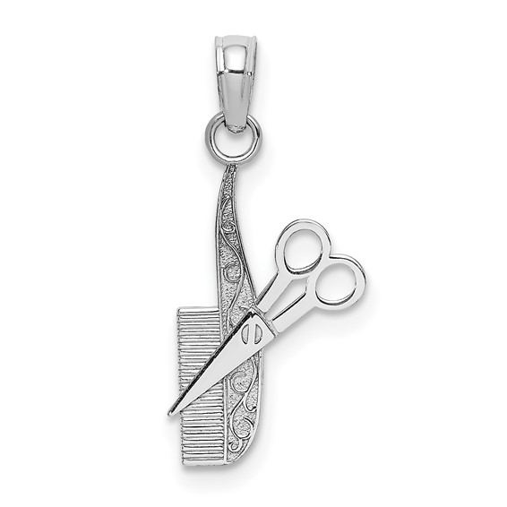 14k White Gold Textured Hairdresser Comb and Scissors Pendant