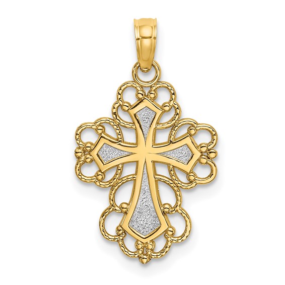 14k Two-tone Gold Lace Trim Cross Pendant 5/8in