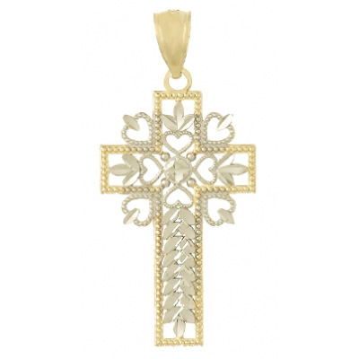 29mm 14kt Two-Color Leaf and Hearts Cross Pendant