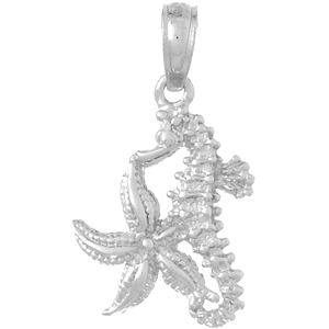 14kt White Gold 3/4in Starfish and Seahorse Pendant