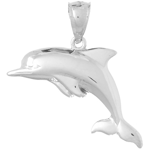 14kt White Gold 1/2in 3-D Jumping Dolphin Pendant 