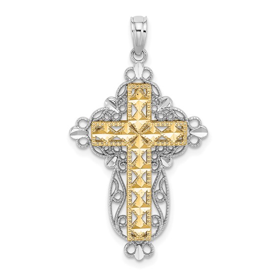 14k Yellow Gold Block Cross Pendant with White Gold Filigree 1in