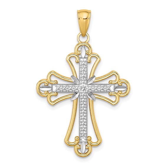 14kt Two-tone Gold Beaded Texture Cross Pendant 1in