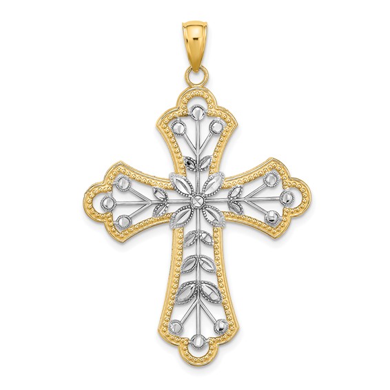 14k Two-Color Gold Beaded Leaf Cross Pendant 1.5in