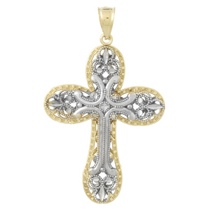 14kt Two-tone Gold 1 1/2in Beaded Floral Cross Pendant