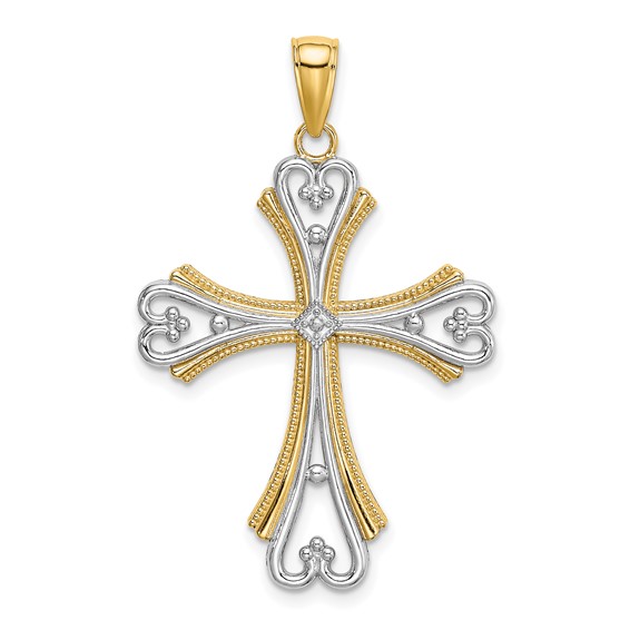 14k Two-Color Gold 1in Fancy Budded Cross Pendant With Beaded Border