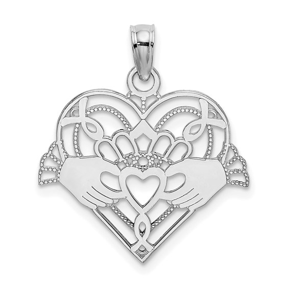 14k White Gold Heart Claddagh Pendant with Cut-out Design