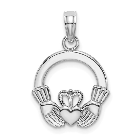 14k White Gold Small Round Claddagh Pendant