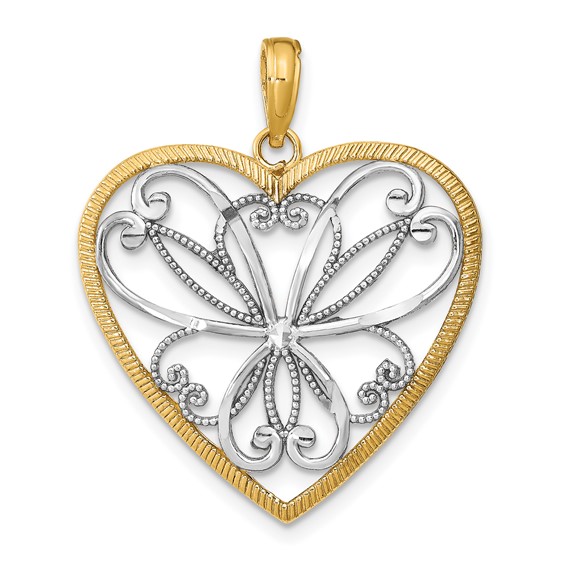 14k Two-tone Gold 1in Heart Pendant with Filigree Center