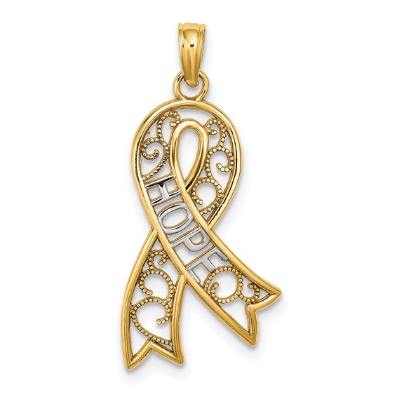 14k Two-tone Gold Hope Filigree Ribbon Pendant 