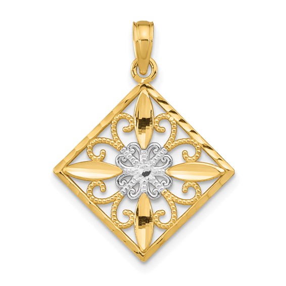 14k Two-tone Gold 3/4in Square Flower Pendant