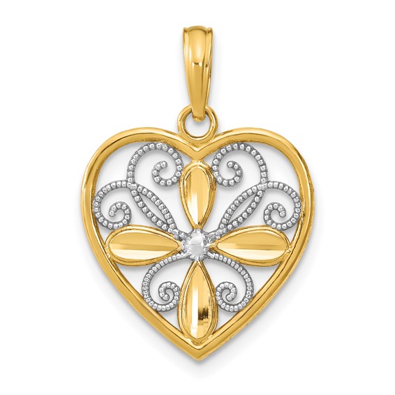 14k Two-tone Gold Small Heart and Flower Pendant