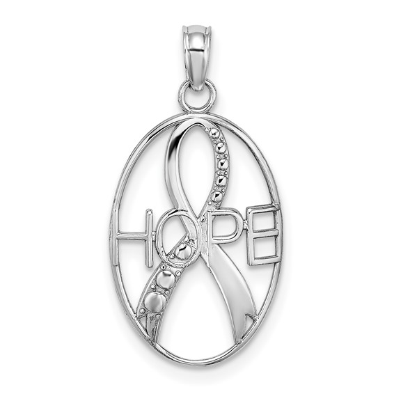 14k White Gold 7/8in Oval Hope Ribbon Pendant
