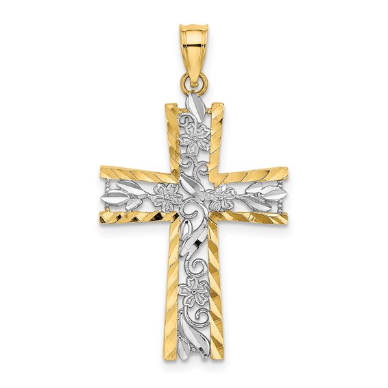 14kt Two-Tone Gold 1in Diamond-cut Flower Cross