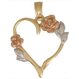 14k Two-tone Gold Heart Pendant with Flowers and Leaves
