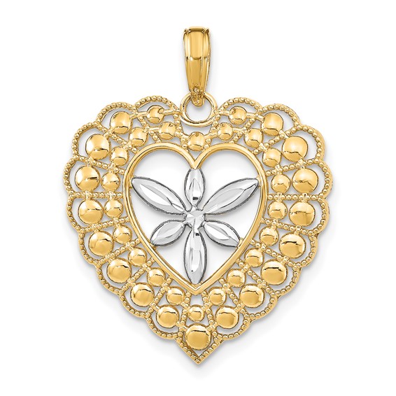 14k Two-tone Gold 7/8in Beaded Heart and Flower Pendant