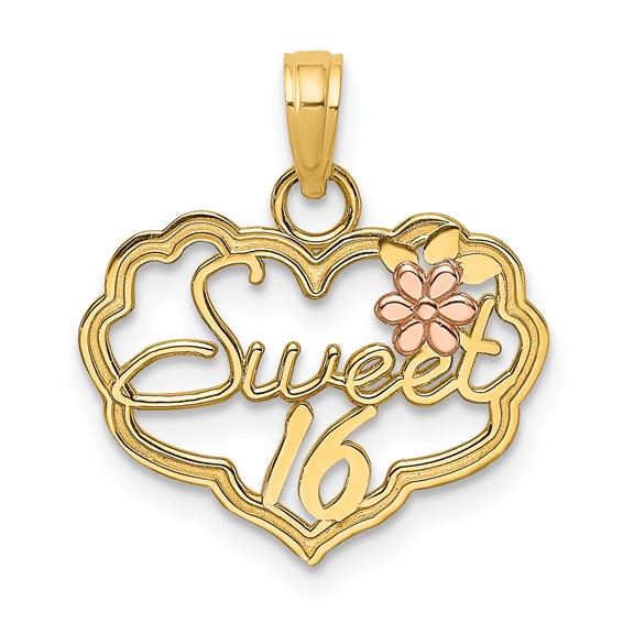 14k Two-tone Gold 7/8in Sweet 16 Heart Pendant with Scalloped Edges