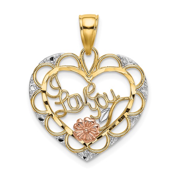 14k Two-tone Gold 7/8in I Love You Heart Pendant with Flower