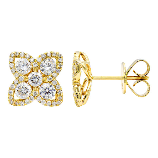 14k Yellow Gold .90 ct tw Diamond Clover Cluster Halo Earrings