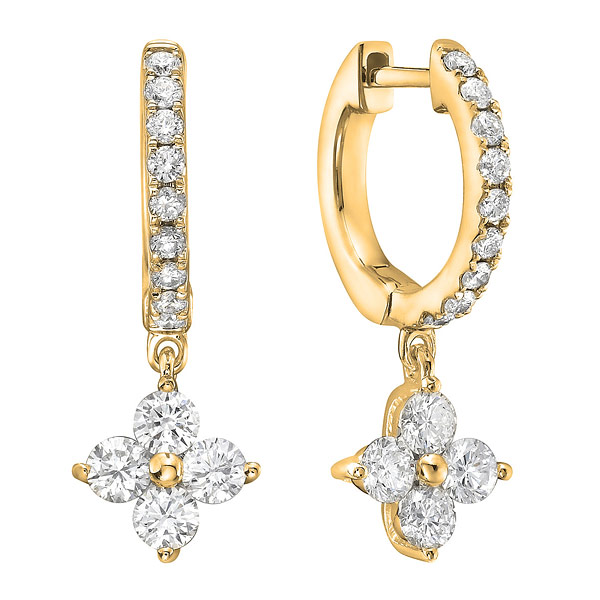 14k Yellow Gold .91 ct tw Diamond Hoop and Floral Cluster Dangle Earrings