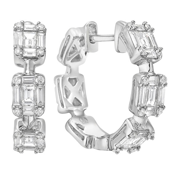 14k White Gold .86 ct tw Baguette and Round Diamond Hoop Earrings