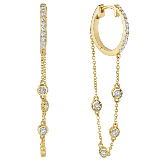 14k Yellow Gold .51 ct Diamond Single Chain Station Hoop Earrings