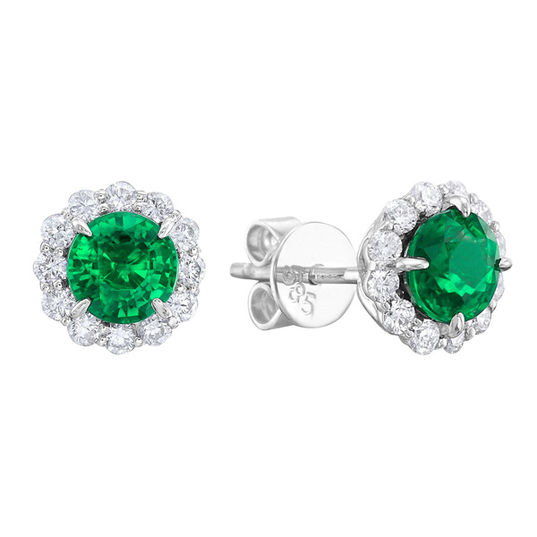 14k White Gold .69 ct tw Round Emerald and Diamond Halo Earrings