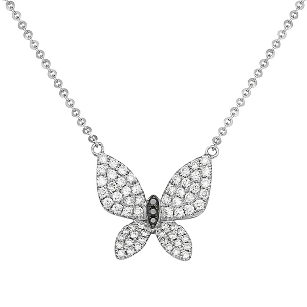 14k White Gold .56 ct Black and White Diamond Butterfly Necklace