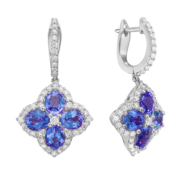 14k White Gold 3.5 ct tw Blue Sapphire Clover Hoop Dangle Earrings with Diamonds