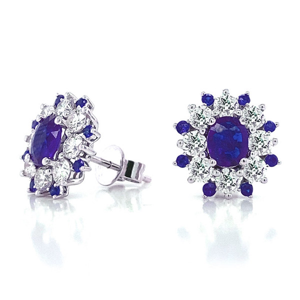 14k White Gold Blue Sapphire and Diamond Flower Earrings