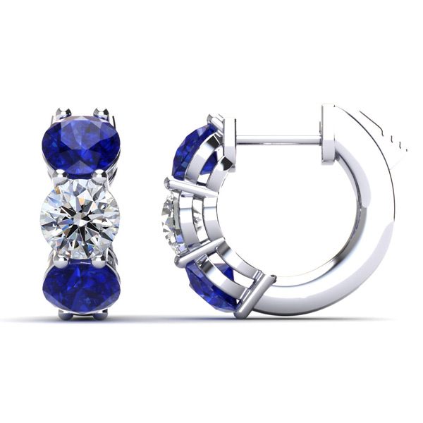 14k White Gold .78 ct tw Blue Sapphire and Diamond Huggie Hoop Earrings