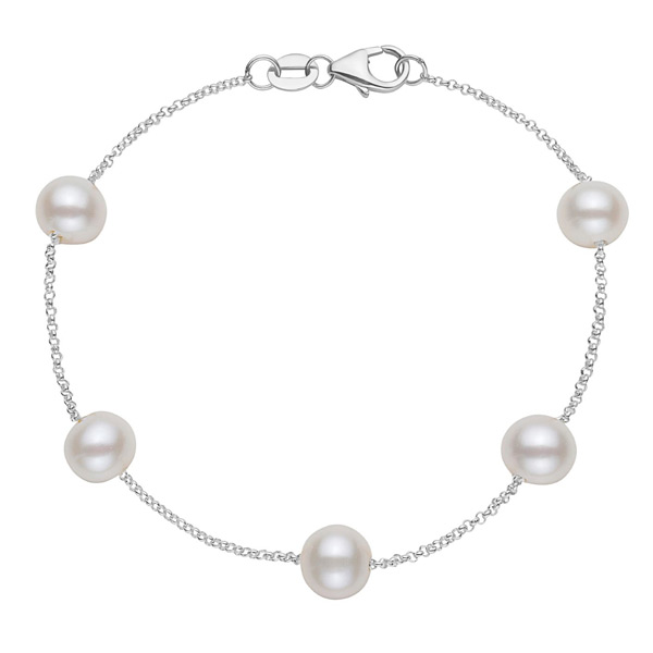 14k White Gold 7mm Freshwater Cultured Pearl Five Station Tin Cup Bracelet