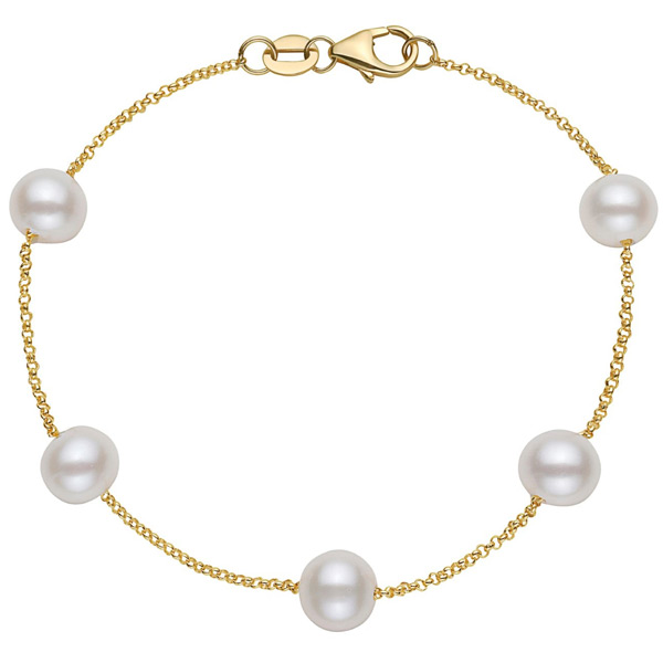 14k Yellow Gold 7mm Freshwater Cultured Pearl Five Station Tin Cup Bracelet